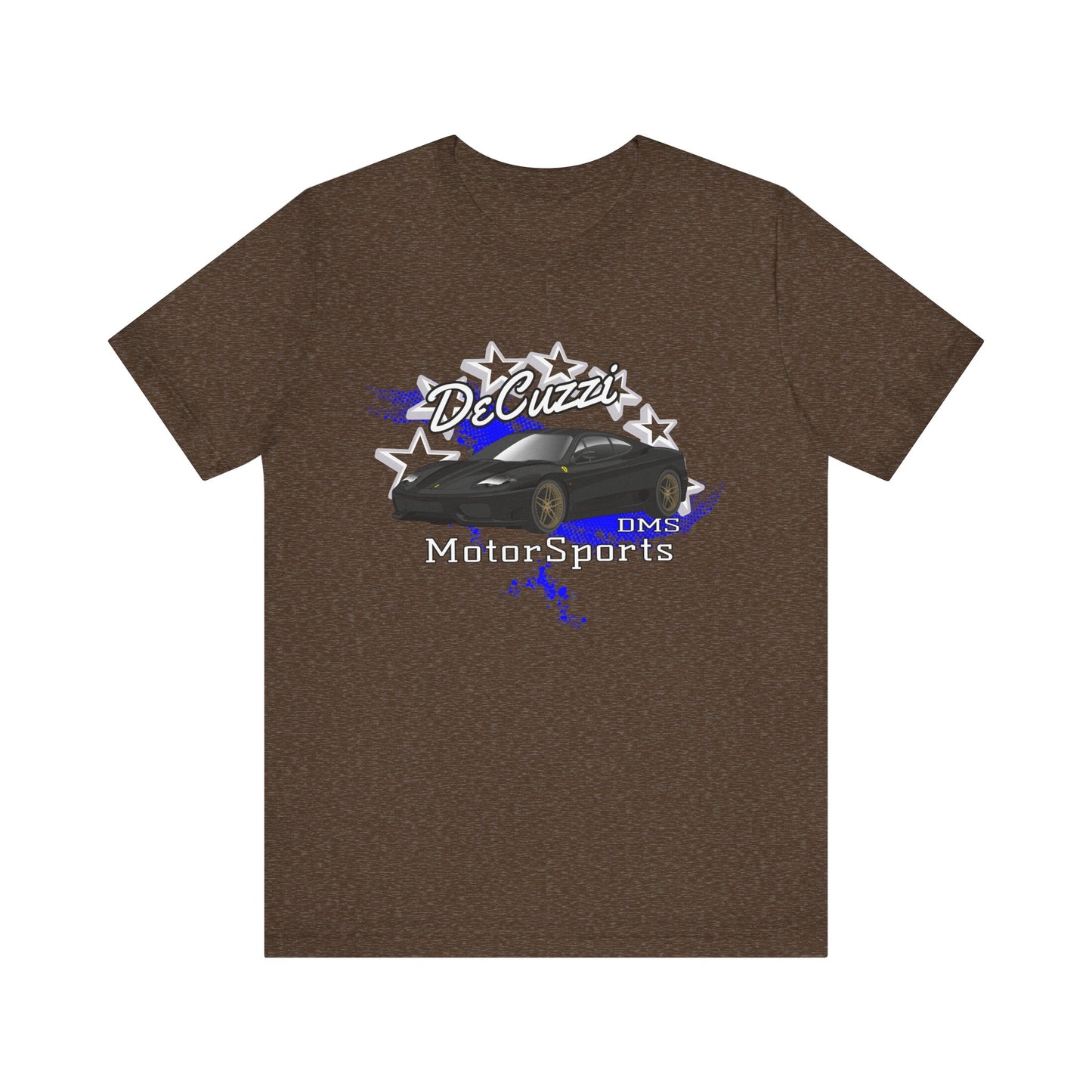 DeCuzzi MotorSports Graphic Tee - Unisex Short Sleeve Shirt - Black Car Bronze Wheels